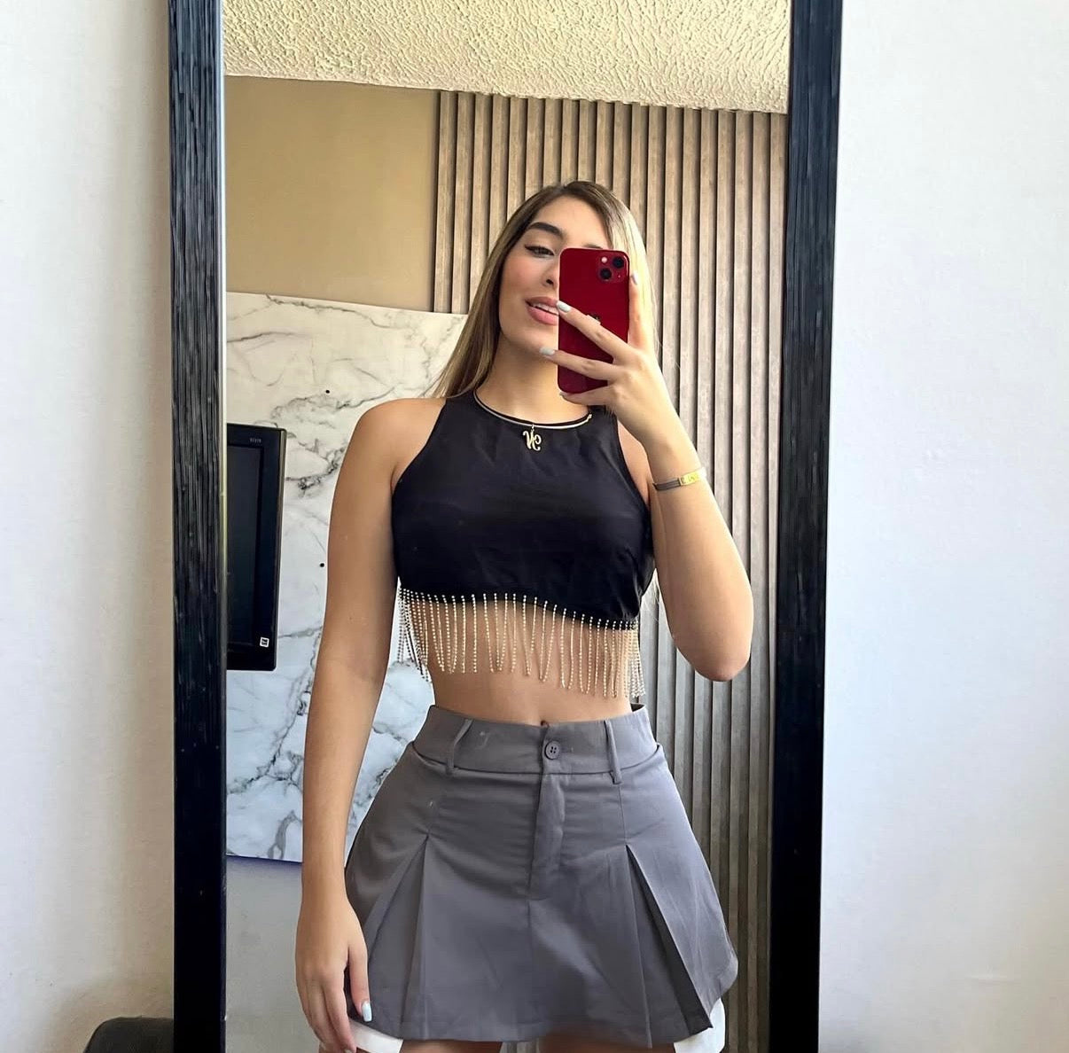 Set Top Glam Fringe + Falda Plisada Gray